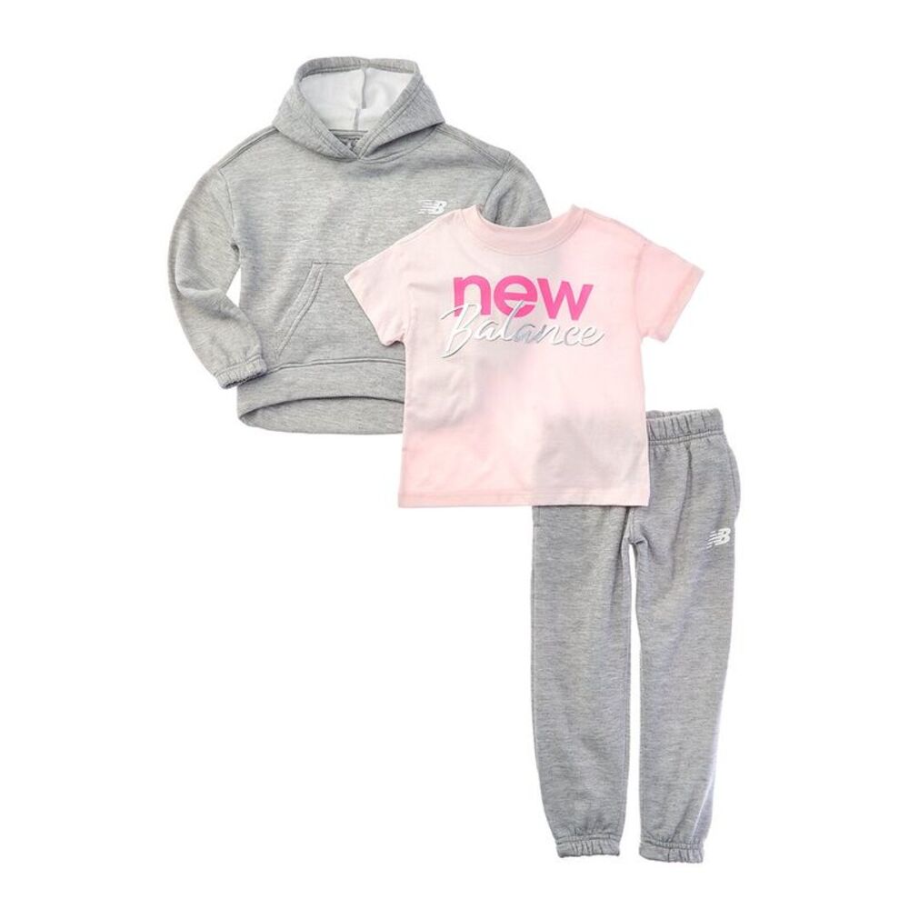 New Balance Girls  3Pc Hoodie, T-Shirt & Jogger Pant Set, Grey